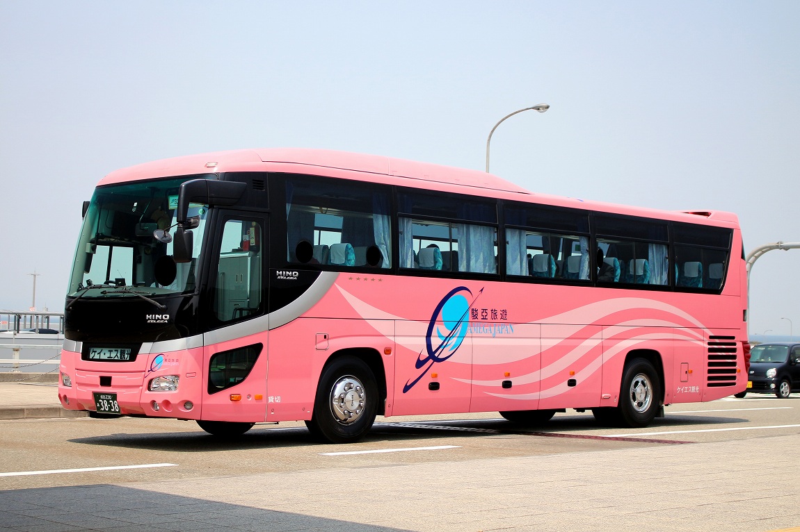 港に停車するピンク色の観光バス
